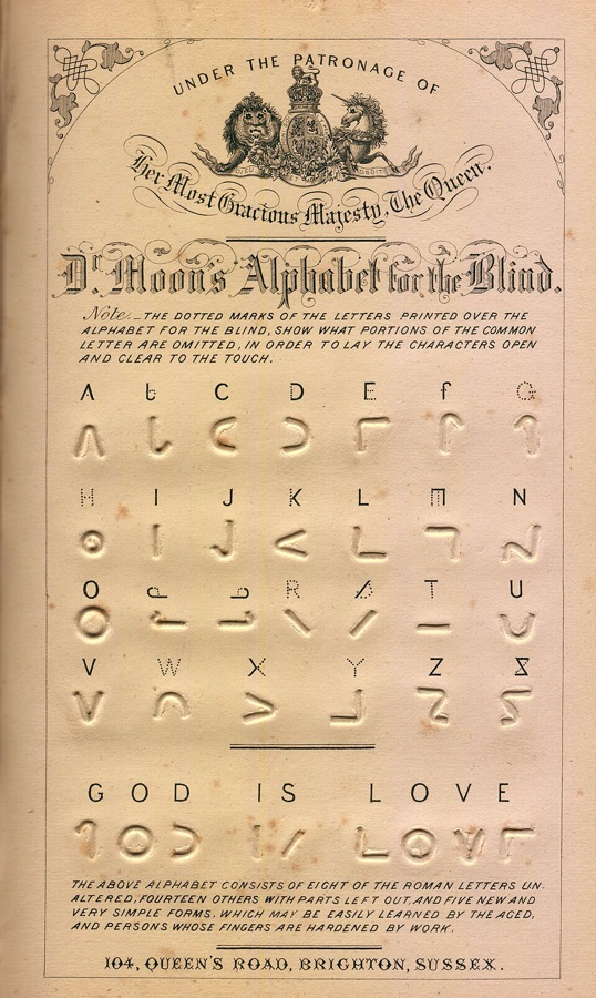 A printed chart of Dr Moon's alphabet for the blind: raised, simplified letter shapes made of straight lines and arcs, arranged in rows